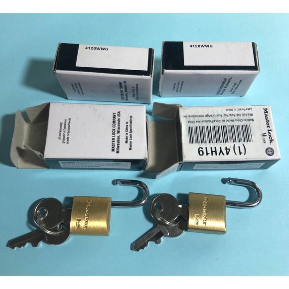 LOT OF 4 Master Lock Brass VLine Mini Padlock w/ Keys 4YH24 / 4140 NEW - Picture 1 of 5